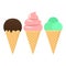 Chocolate, mint and pink ice cream vector clipart cartoon. Waffle ice cream set.