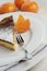 Chocolate mocha and orange cheesecake with dessert fork