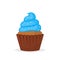 Chocolate muffin with blue cream. Sweet food, cupcake with frosting flat vector icon