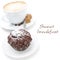 Chocolate muffin and cup of cappuccino with brown sugar isolated