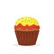 Chocolate muffin with yellow and red cream. Sweet food, cupcake with frosting flat vector icon