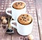 Chocolate muffins with chocolate drops served in white mugs