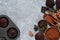 Chocolate muffins on a gray concrete background. Cupcakes. Cake