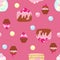 Chocolate muffins, muffins and pieces of raspberry cream cake seamless pattern on pink background.