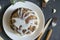 Chocolate pancake with condensed milk closeup