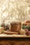 Chocolate panettone  on wooden table with christmas ornaments