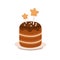 Chocolate pastry. Sweet mini cake with cream between choco sponge layers. Small dessert with star sticks, sugar powder