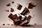 Chocolate pieces falling into the air. 3d rendering, 3d illustration