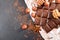 Chocolate pieces, filbert, hazelnut, chocolate shavings and walnuts
