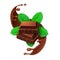 Chocolate pieces and mint leaves isolated. Cocoa or chcocolate splash with minty taste. 3d vector realistic