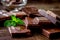 Chocolate pieces with mint on wooden table background