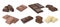 Chocolate pieces. Realistic dark bars and chunks of milky chocolate, 3D blocks of cocoa dessert. Vector square chocolate