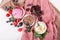 Chocolate Pink Fruit Vanilla Icecream Set Flat Lay