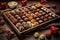 chocolate pralines with various fillings on a tray