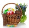 Chocolate rabbit, eggs in basket and flowers