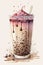 Chocolate raspberry bubble milk tea or boba tea in a tall glass, watercolor style