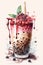 Chocolate raspberry bubble milk tea or boba tea in a tall glass, watercolor style