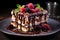 Chocolate raspberry cake on a dark background