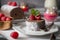 Chocolate roll cake or swiss dessert cake with raspberries. Romantic mood with candles