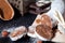 Chocolate sausage on wooden chopping board