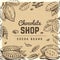 Chocolate shop vintage poster design with sketched chocolate bar and cocoa beans