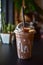 Chocolate smoothie milkshake with jar in cafe