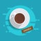 Chocolate, snack. Vector illustration. Cup of coffee on a wood