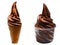 chocolate soft serve ice cream in a cone and a cup