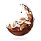 Chocolate splashes with crushed almonds close-up on a white background