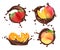 Chocolate splashes with fruits and berries. Vector realistic orange and peach, mango and strawberry with chocolate milk