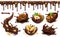 Chocolate splashes with peanuts, hazel nuts, chocolate cookies. Seamless pattern. 3d vector food objects set
