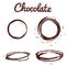 Chocolate splashes set. Brown hot coffee or chocolate round circle splashes with drops and bolts set isolated on white