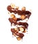 Chocolate splashes in spiral shape with crushed hazelnuts, isolated on a white background