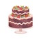 Chocolate sponge cake on plate for birthday or wedding anniversary party. Layered sweet dessert decorated with cream and