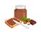 Chocolate spread with hazelnuts, piece of toast bread, knife, glass jar and heap of nuts isolated on white background.