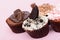 Chocolate Strawberry Cookies and cream cup cake on vintagetable cloth