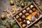 Chocolate sweets with Christmas symbols, toys, tree