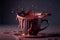 Chocolate Syrup Spilling Over Aromatic Dark Coffee Splashing in a Cappuccino cup on Dark and on moody backdrop AI Generative