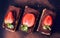 Chocolate tiramisu cake with strawberries on black slate