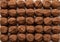Chocolate truffle candy background. Rows of tasty truffle balls texture. Gourmet candies of dark chocolate in cocoa powder. Sweet