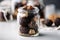 Chocolate truffles in a glass jar on a gray background, Delicious truffle cake closeup inside a glass jar, AI Generated