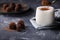 Chocolate truffles, with a mug of hot milk with the addition of a spoonful of cocoa powder. A delicious treat.