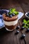 Chocolate and vanilla mascarpone dessert topped with blueberry