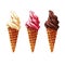 Chocolate, vanilla and strawberry ice cream or frozen custard in a waffle cone, set of dessert, isolated, hand drawn