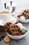 Chocolate waffles with meringues and coffee