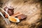 Chocolate wood table surrounded by spices.