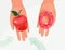 Choice food concept between healthy and unhealthy vector background. Woman hands holding red apple and sweet donut in