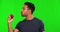 Choice, green screen and man with apple and donut for healthy diet, nutrition and weight loss. Fitness, health and