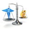 Choice health or money. Caduceus and euro signs on scales.