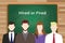 Choice between hired or fired white text illustration with four people in front of green chalk board and white text